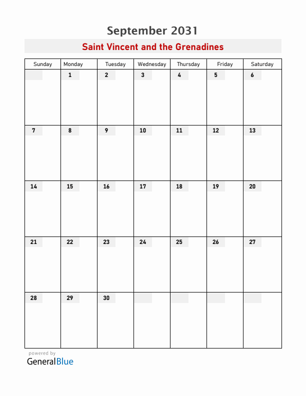Saint Vincent and the Grenadines September 2031 Calendar with Holidays