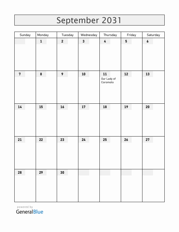 Venezuela September 2031 Calendar with Holidays