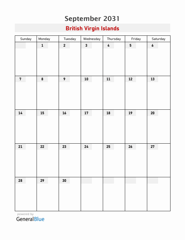 British Virgin Islands September 2031 Calendar with Holidays