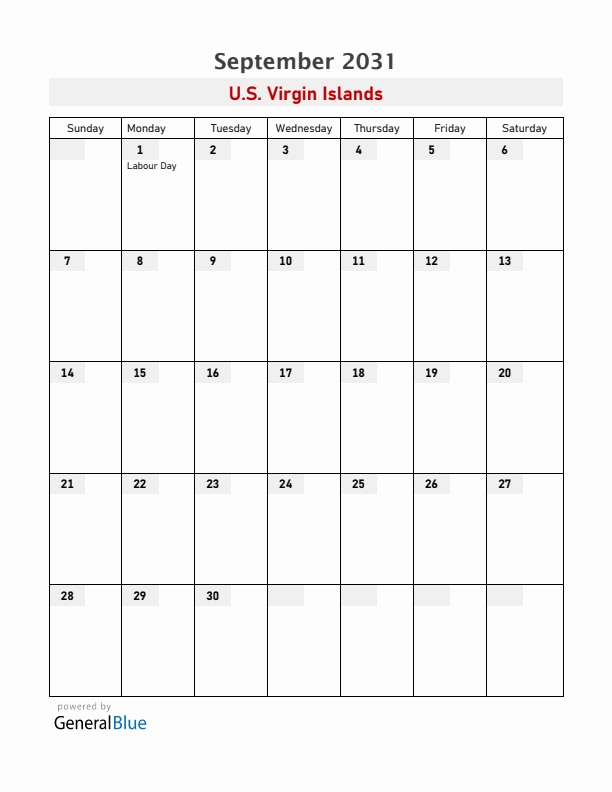 U.S. Virgin Islands September 2031 Calendar with Holidays