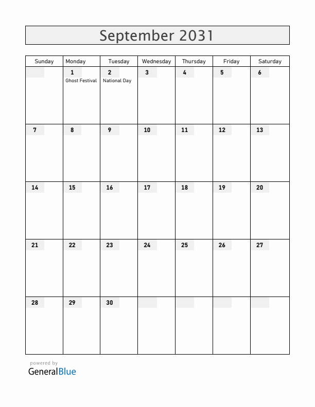 Vietnam September 2031 Calendar with Holidays