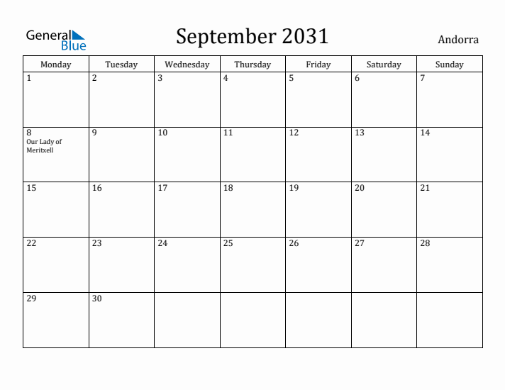 September 2031 Calendar Andorra