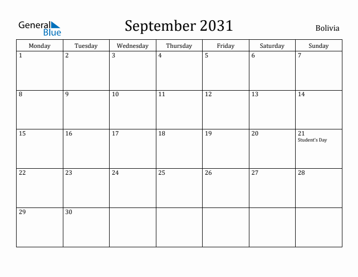 September 2031 Calendar Bolivia