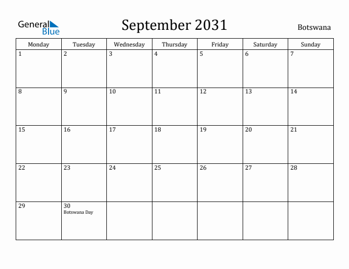September 2031 Calendar Botswana
