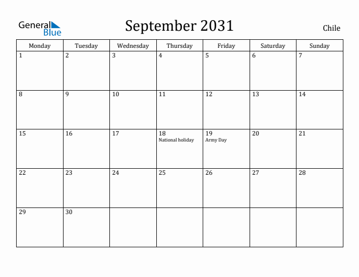 September 2031 Calendar Chile