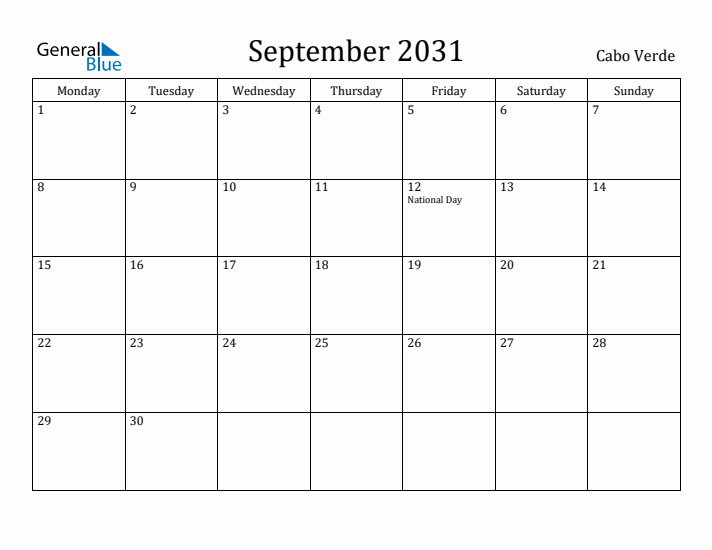September 2031 Calendar Cabo Verde