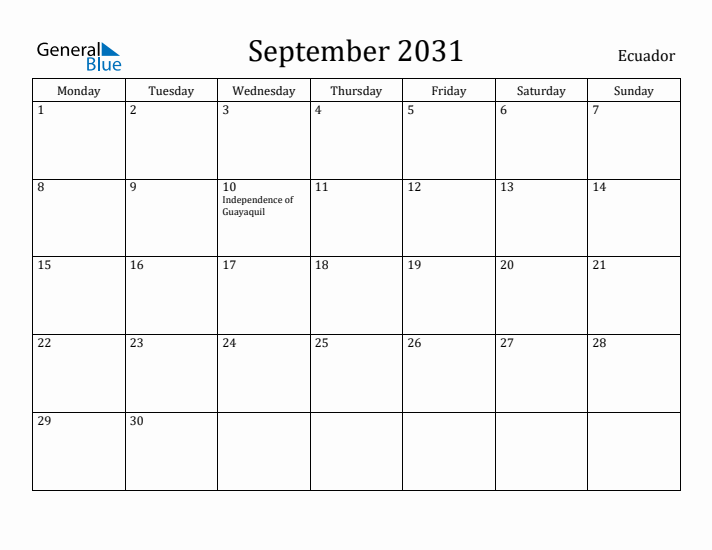 September 2031 Calendar Ecuador
