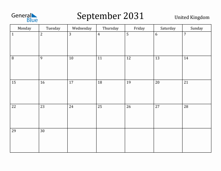 September 2031 Calendar United Kingdom