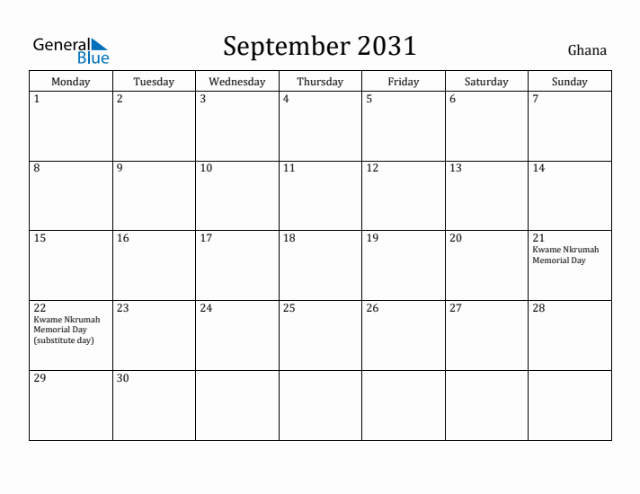 September 2031 Calendar Ghana