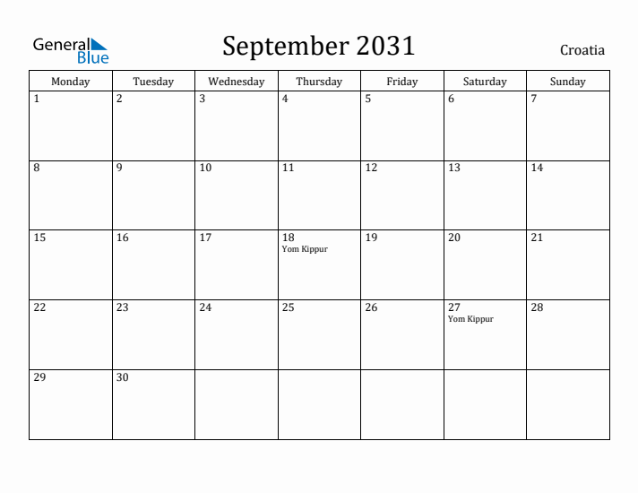 September 2031 Calendar Croatia
