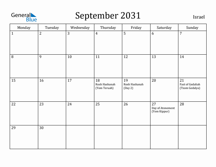 September 2031 Calendar Israel
