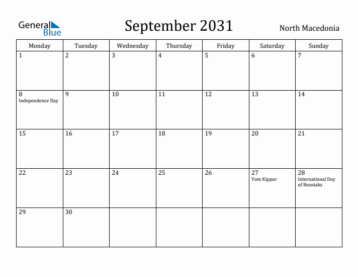 September 2031 Calendar North Macedonia
