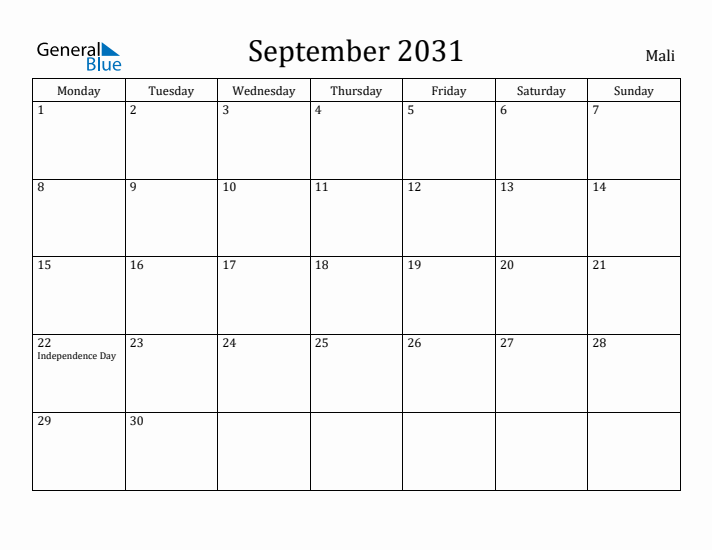 September 2031 Calendar Mali