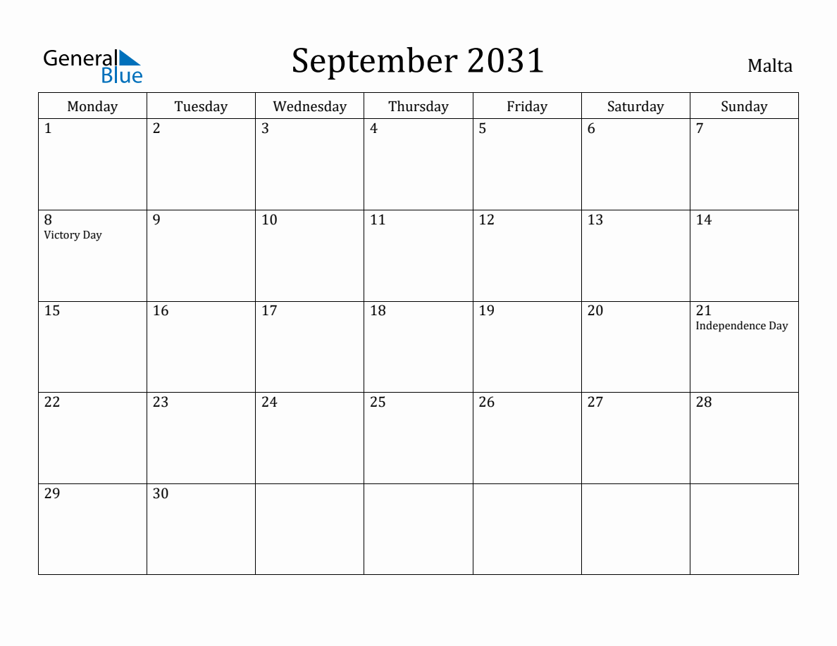 Malta Monthly Calendar - September 2031 (Monday Start)