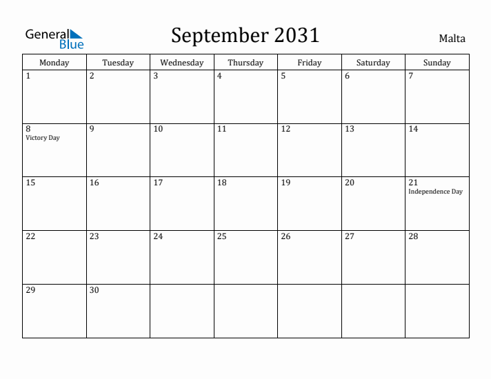 September 2031 Calendar Malta