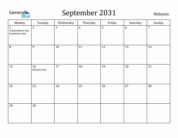 September 2031 Calendar Malaysia