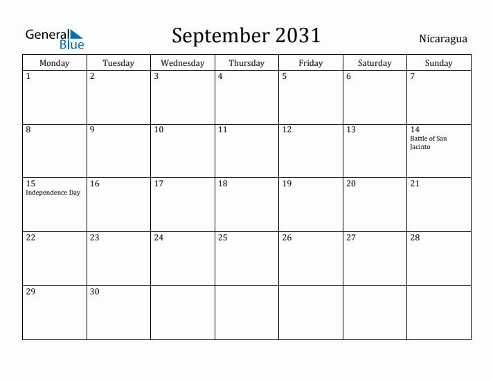 September 2031 Calendar Nicaragua