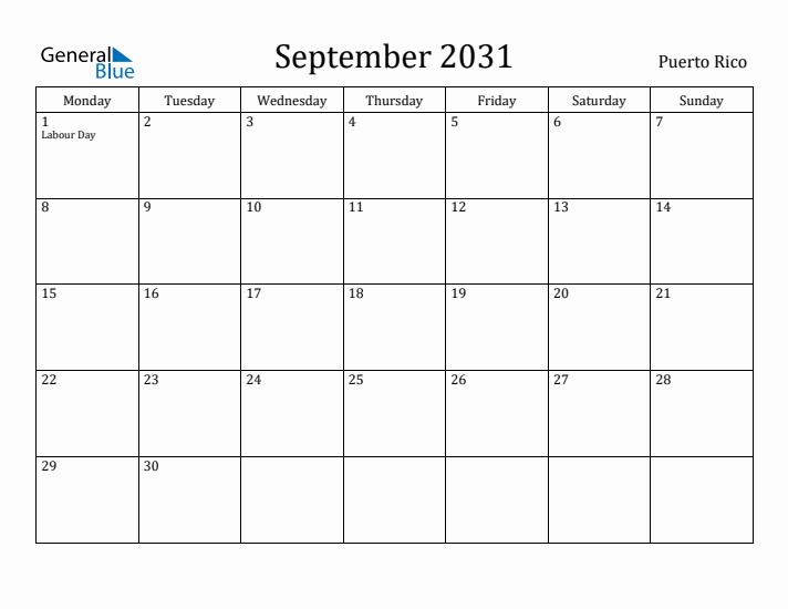 September 2031 Calendar Puerto Rico