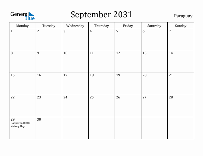 September 2031 Calendar Paraguay