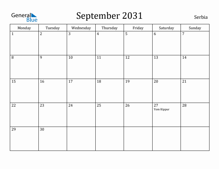 September 2031 Calendar Serbia