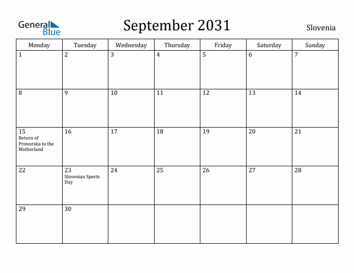 September 2031 Calendar Slovenia