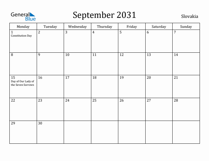 September 2031 Calendar Slovakia