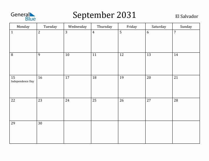 September 2031 Calendar El Salvador