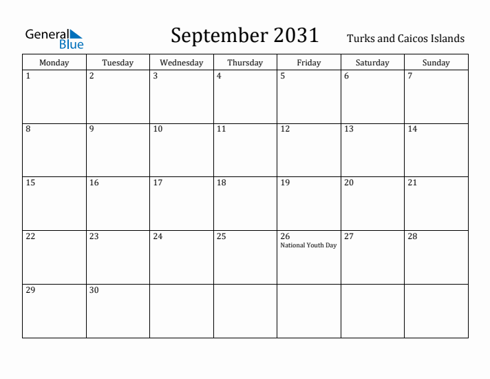 September 2031 Calendar Turks and Caicos Islands