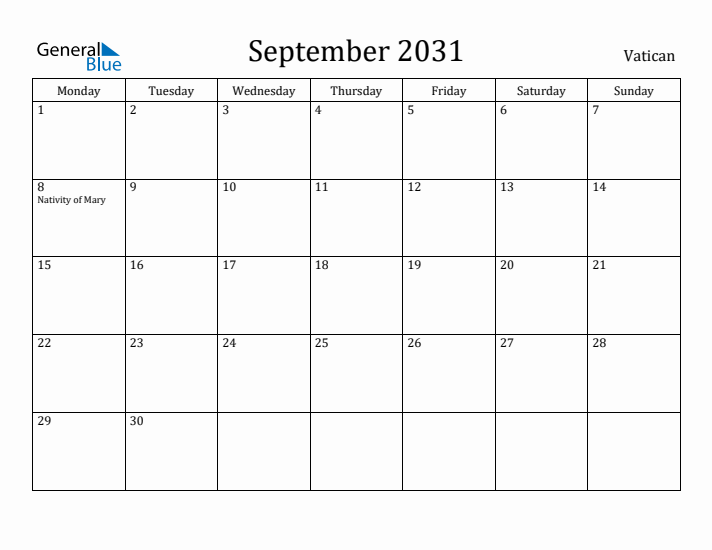 September 2031 Calendar Vatican