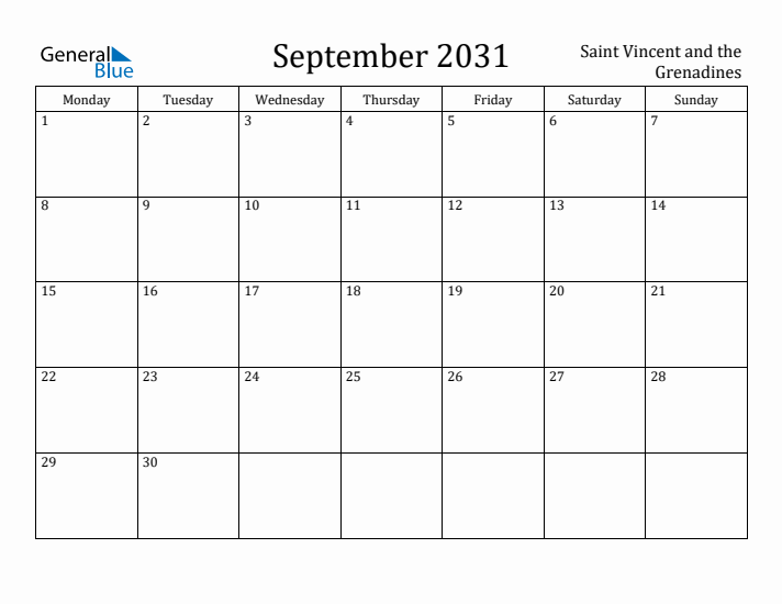 September 2031 Calendar Saint Vincent and the Grenadines