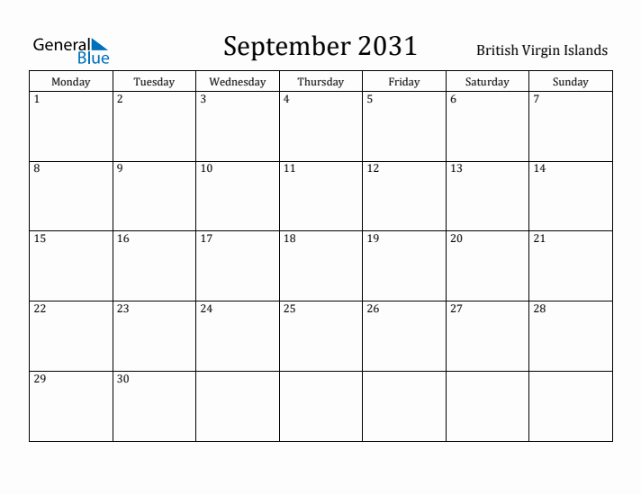 September 2031 Calendar British Virgin Islands