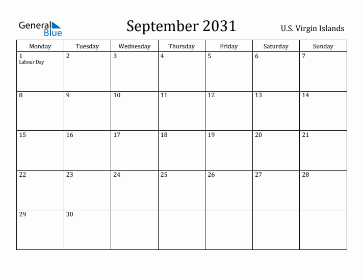 September 2031 Calendar U.S. Virgin Islands