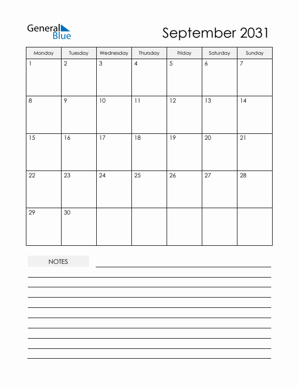 Printable Calendar with Notes - September 2031 