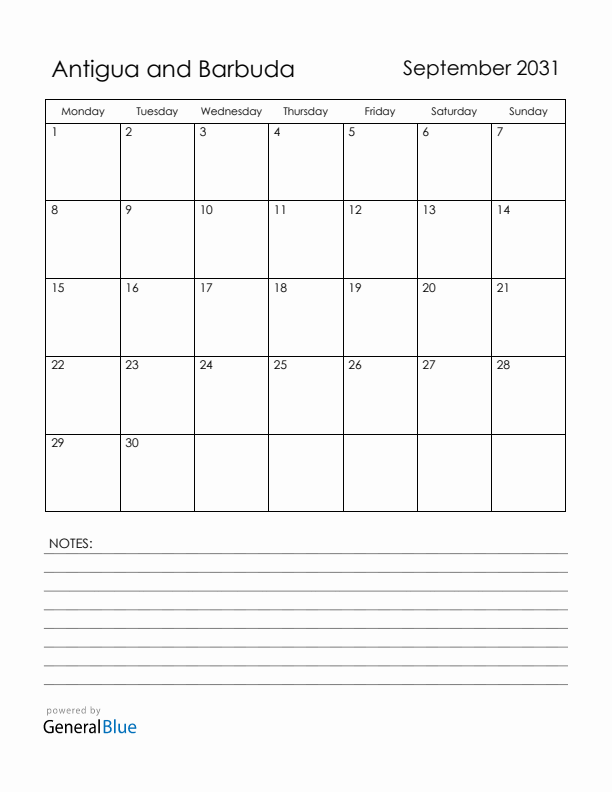 September 2031 Antigua and Barbuda Calendar with Holidays (Monday Start)