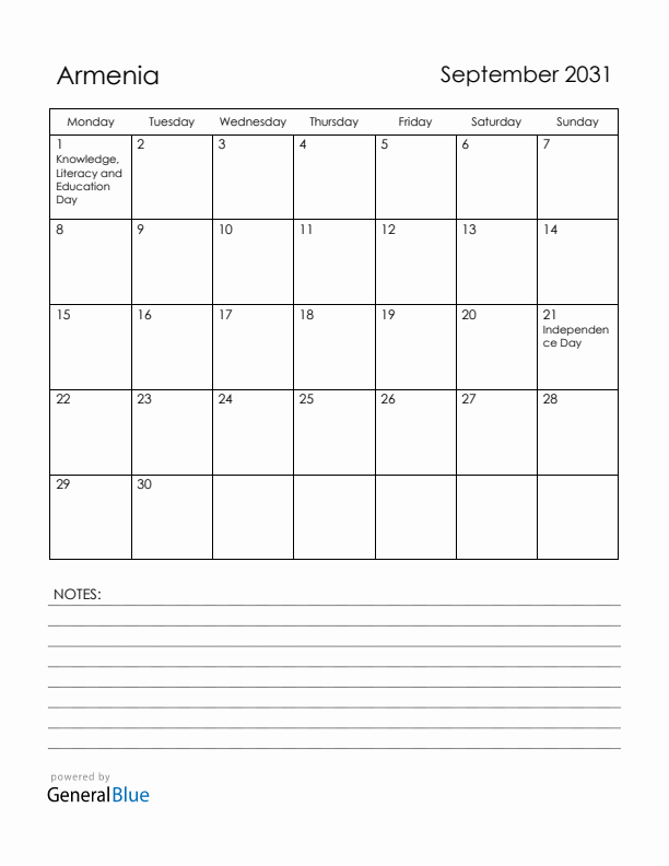 September 2031 Armenia Calendar with Holidays (Monday Start)