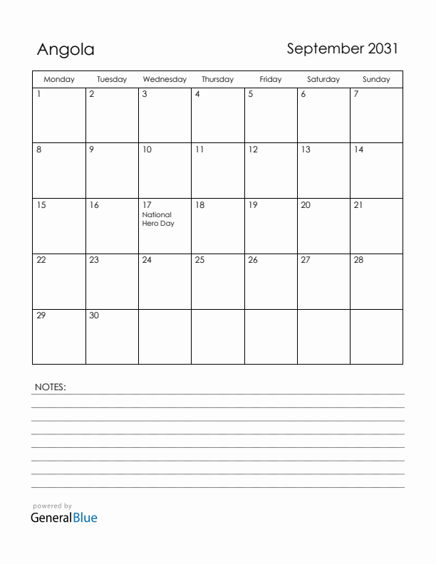 September 2031 Angola Calendar with Holidays (Monday Start)