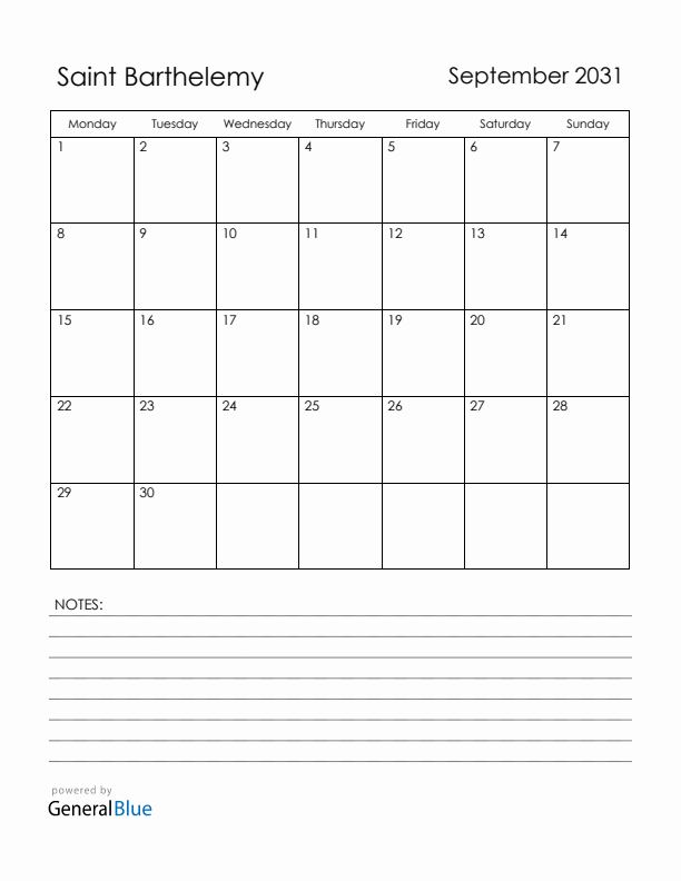 September 2031 Saint Barthelemy Calendar with Holidays (Monday Start)