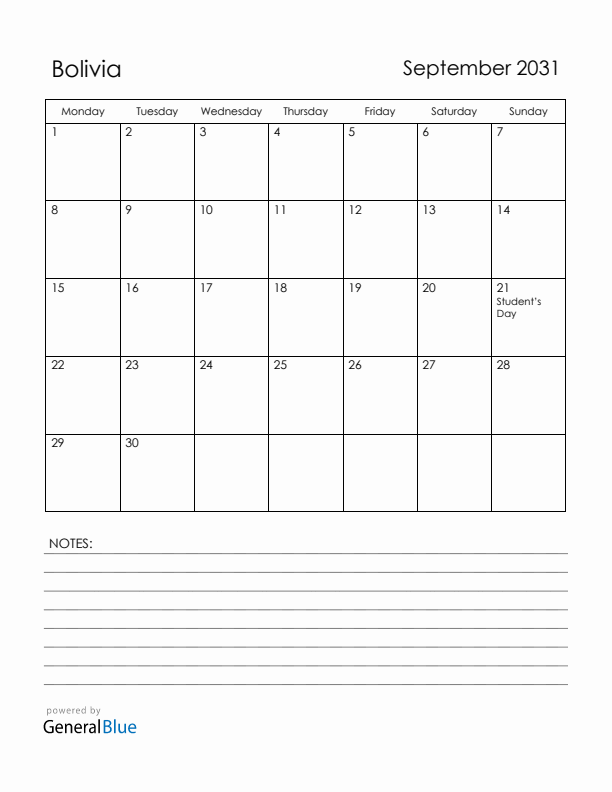 September 2031 Bolivia Calendar with Holidays (Monday Start)