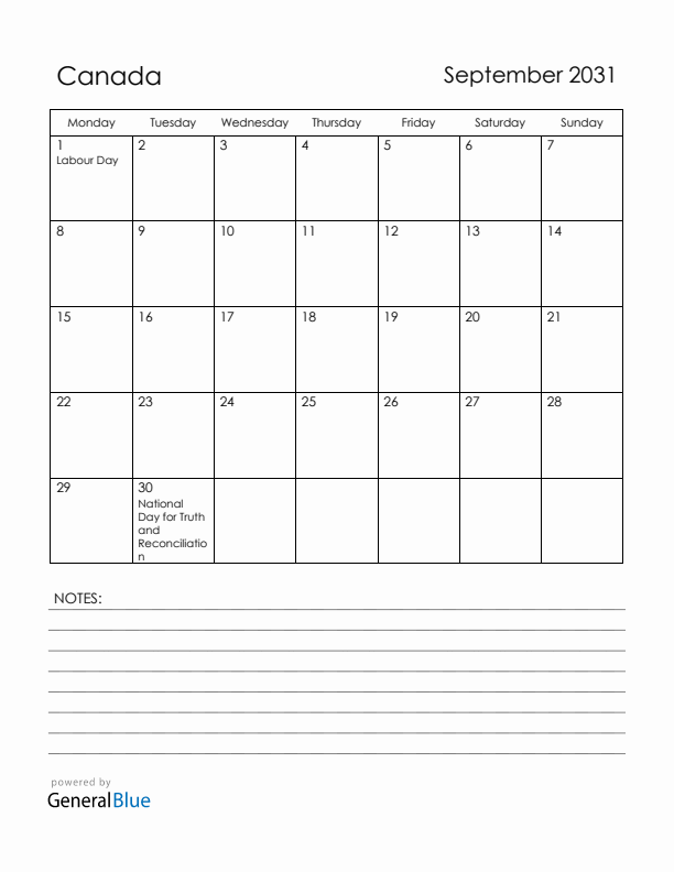 September 2031 Canada Calendar with Holidays (Monday Start)