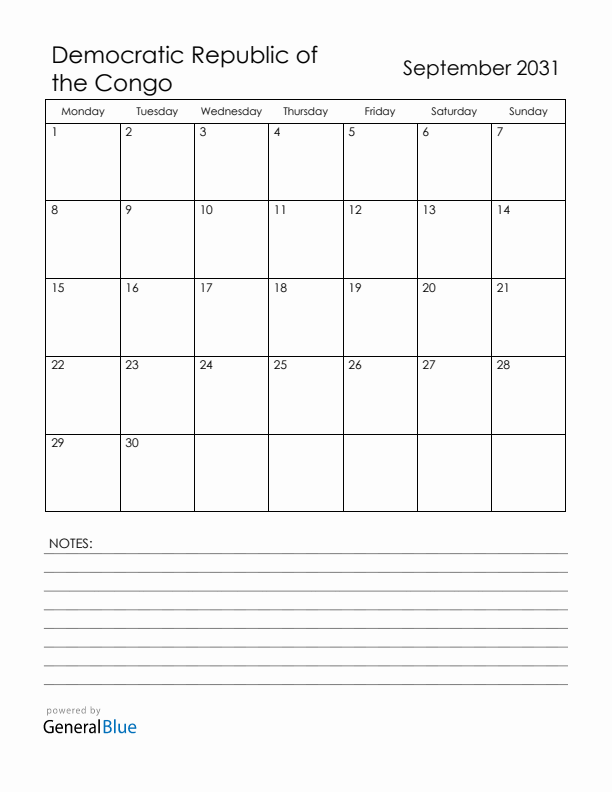 September 2031 Democratic Republic of the Congo Calendar with Holidays (Monday Start)