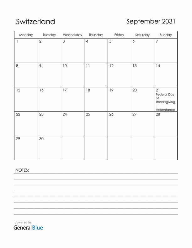 September 2031 Switzerland Calendar with Holidays (Monday Start)