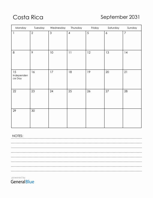 September 2031 Costa Rica Calendar with Holidays (Monday Start)
