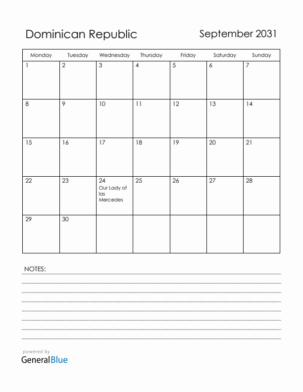September 2031 Dominican Republic Calendar with Holidays (Monday Start)