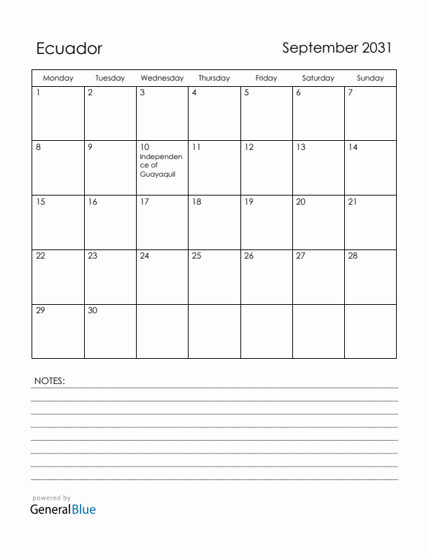 September 2031 Ecuador Calendar with Holidays (Monday Start)