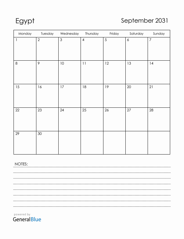 September 2031 Egypt Calendar with Holidays (Monday Start)
