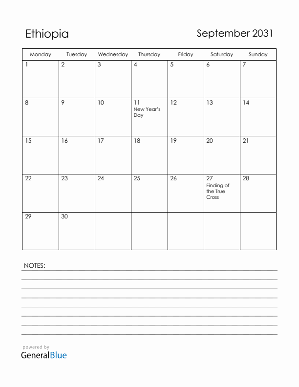 September 2031 Ethiopia Calendar with Holidays (Monday Start)