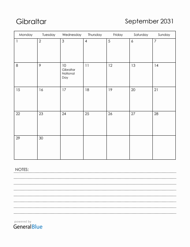 September 2031 Gibraltar Calendar with Holidays (Monday Start)
