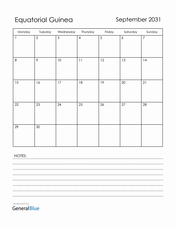 September 2031 Equatorial Guinea Calendar with Holidays (Monday Start)