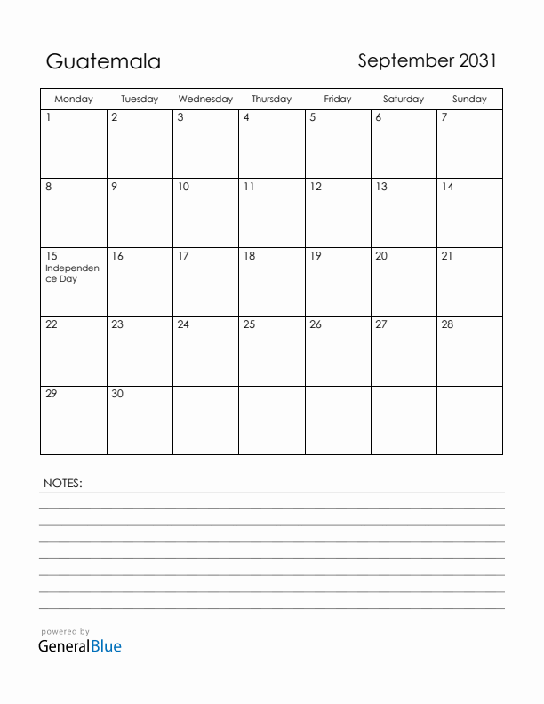 September 2031 Guatemala Calendar with Holidays (Monday Start)