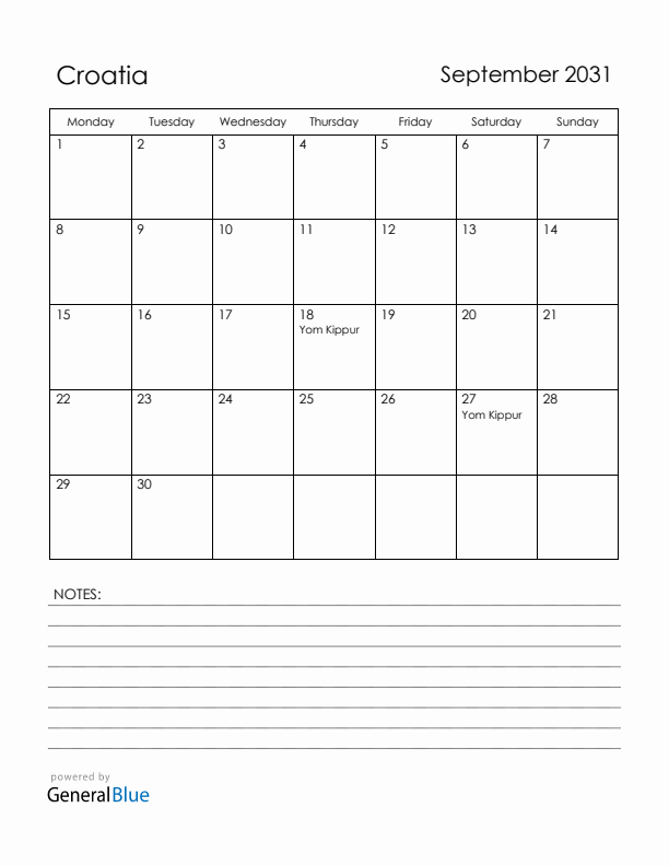 September 2031 Croatia Calendar with Holidays (Monday Start)